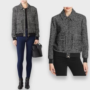 Badgley Mischka Tweed Knit‎ Bomber Moto Jacket Size Large Full Zip Black White